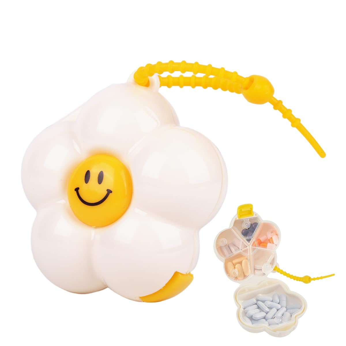 HANNEA Pill Organizer for Travel and Daily Use with 6 Compartments and Silicone Lanyard | Cream White Floral Design