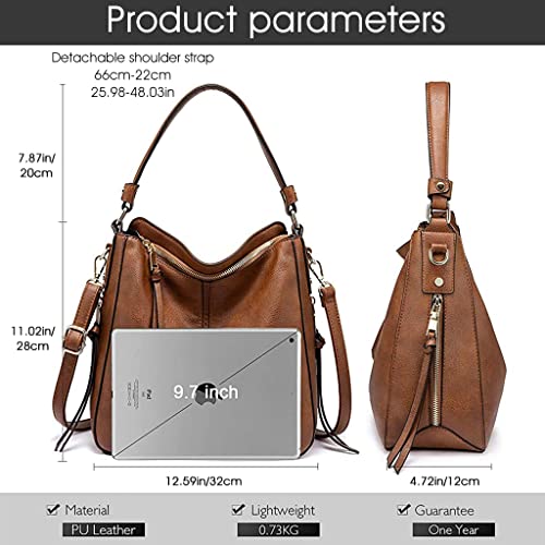 ZIBUYU® Tote Handbag for Women Fashion Faux Leather Tote Bag Classic Shoulder Crossbody Bags for Lady Girl Solid Color Brown