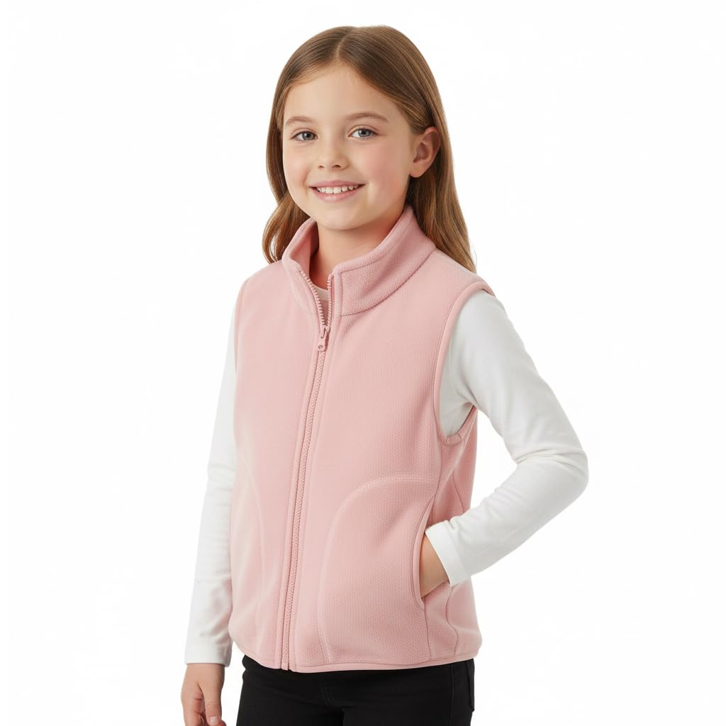 SANNIDHI Kids Sleeveless Jacket for Fall and Winter with Full Zip and Pockets | 130 cm Pink Fleece Vest