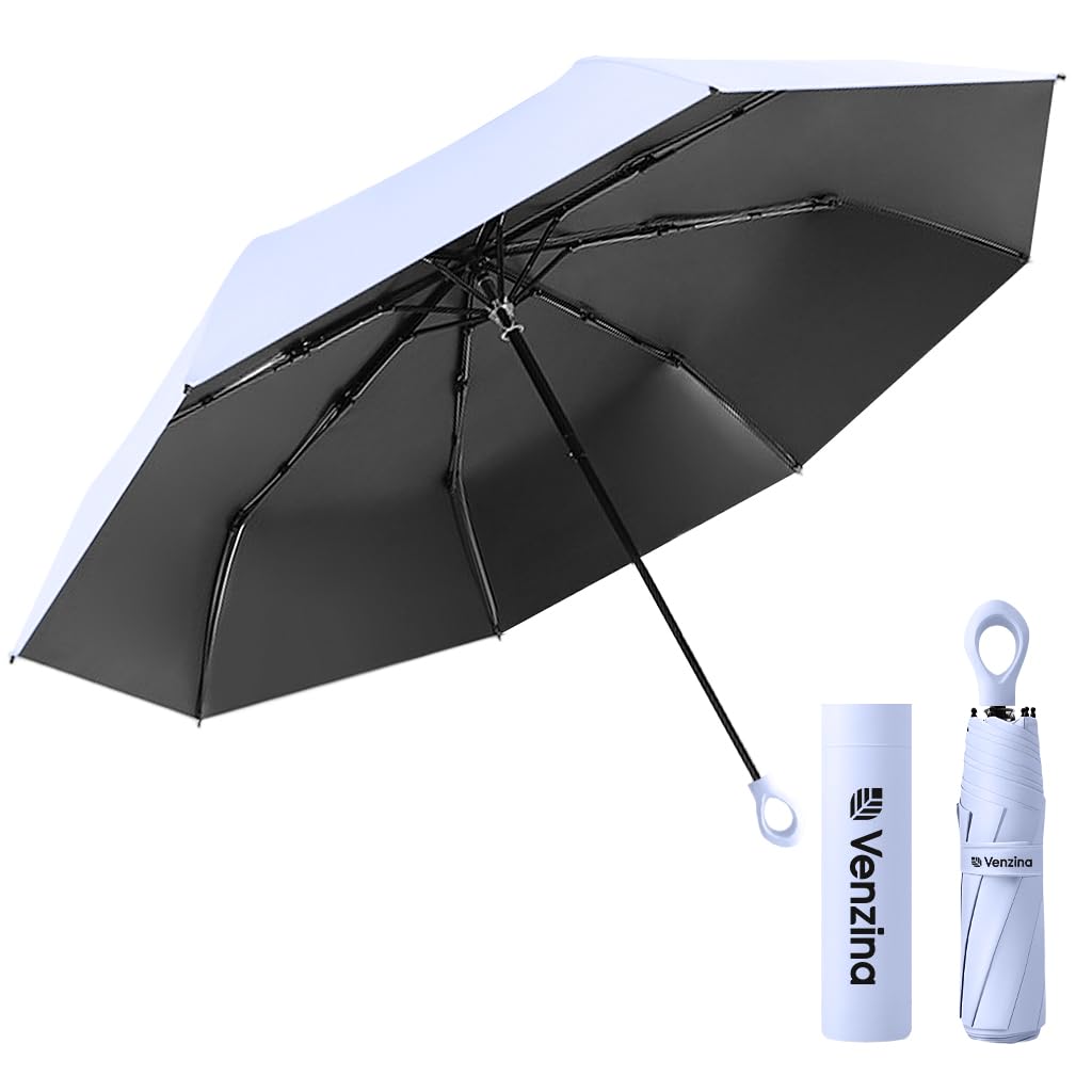 Venzina® UPF 50+ Sun Umbrella Pocket Sun Umbrella Black Coated Liner & Fiberglass Ribs Design Fashion Folding Travel Lightweight Umbrella with Rubberized Loop Handle, Purple