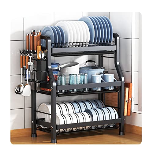 HASTHIP Kitchen Dish Drying Rack Organizer Rack Bowl Drain Rack Cup Draining Holder Carbon Steel Multifunctional Triple Layer Kitchen Storage Rack Cutlery Organizer Rack, 65x63x26cm