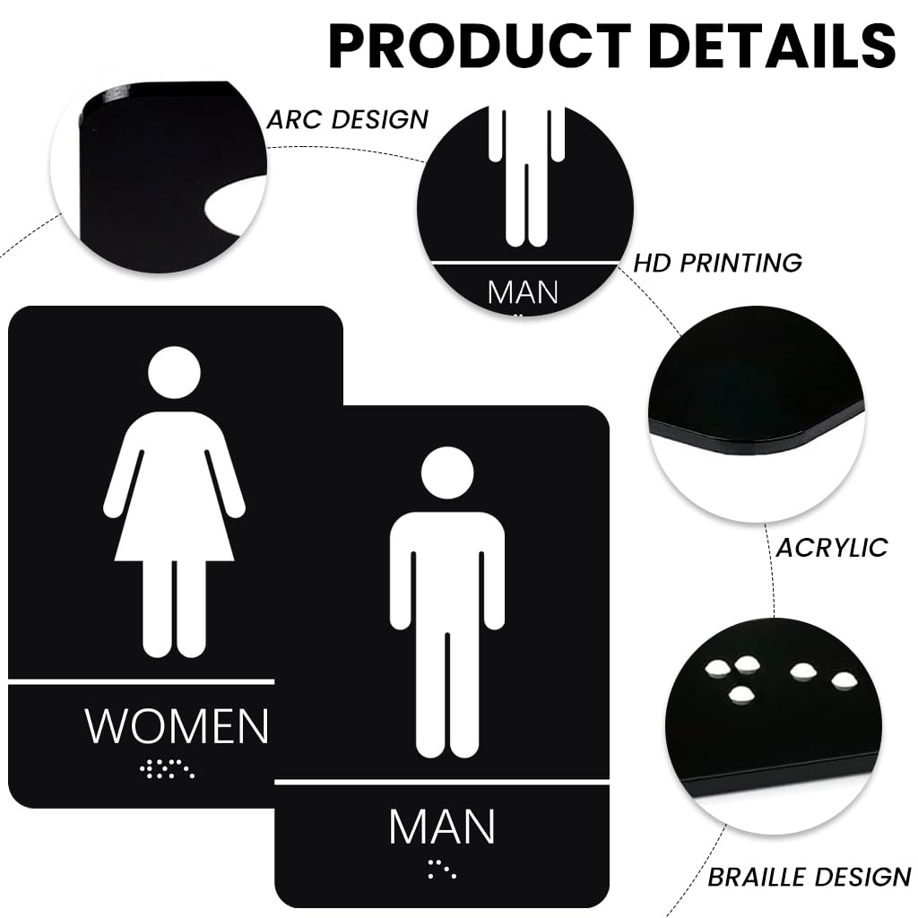 OFIFO Acrylic Washroom Sign Board with Braille for Male and Female Restrooms 10x15cm Pack of 2