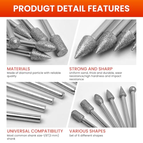 Serplex® 20PCS Diamond Drill Bit Set Stone Carving Rotary Tool Polishing Bits with 1/8 inch Shank 6 Designs Flat-faced Head Spear Tip Ball Tips Tapered Round Oval