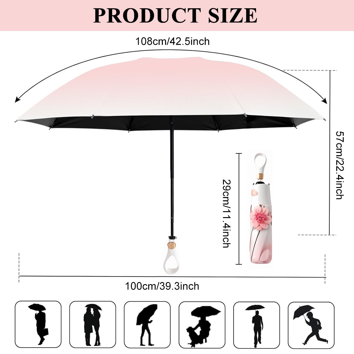 ZIBUYU Folding Umbrella for Sun and Rain with UPF 50+ Protection and 8 Fiber Ribs | Lightweight Pink Travel Design