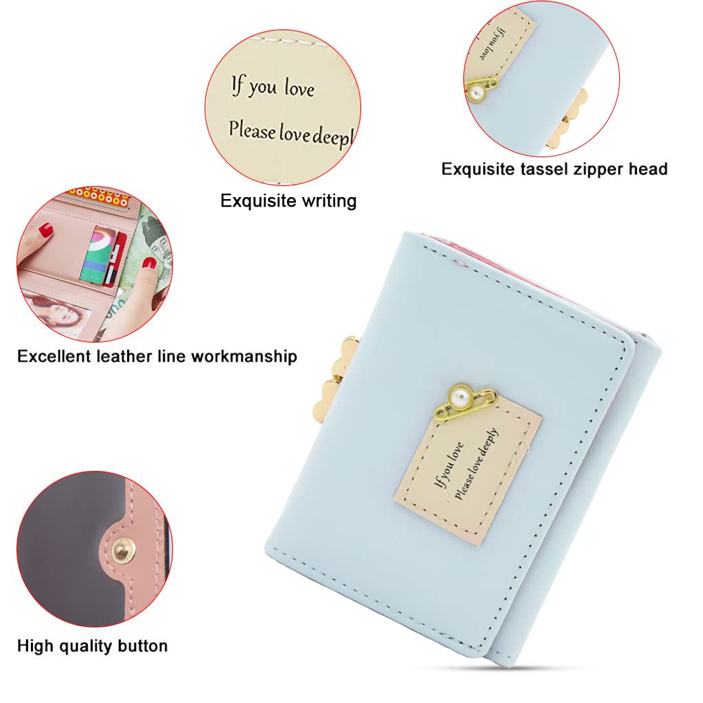 PALAY Mini Wallet for Women with Heart Metal Buckle and Card Slots Blue 3 PCS | Gift Idea