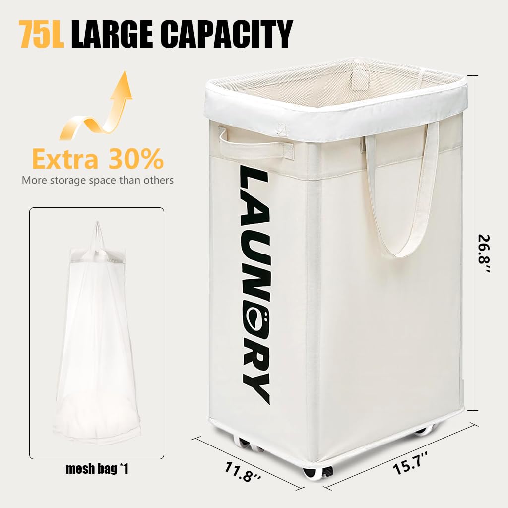 HASTHIP Mobile Laundry Basket for Home Use with Caster Wheels and 75L Capacity | Waterproof Oxford Cloth Collapsible Design