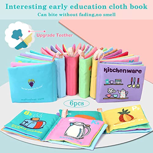 SNOWIE SOFT® Baby Cloth Book Kit with Soft Silicone Teether, Skin Friendly Baby Cloth Book,Educational Cloth Book 6 Subjects Baby Gift Toy for Baby Toddler 3-6 Months-Upgrade