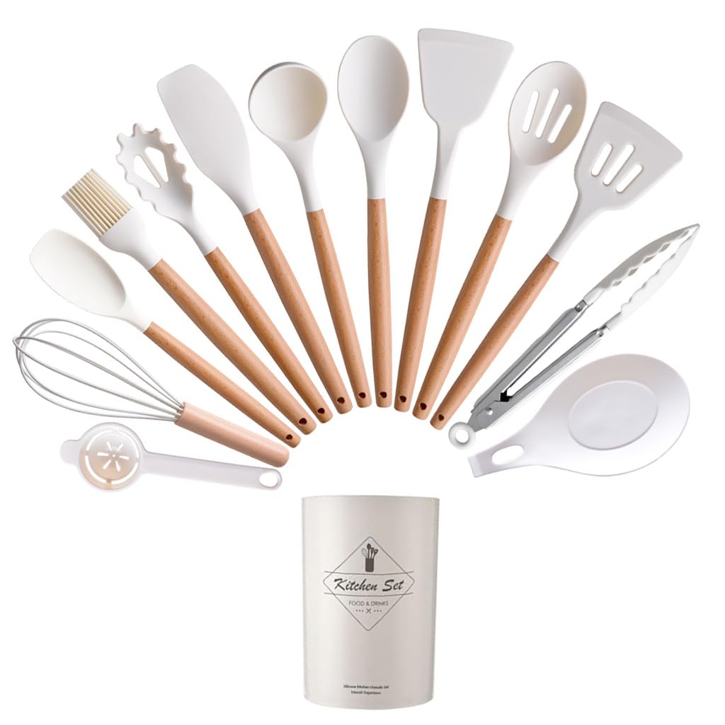 Supvox® Silicone Spatula Spoon Set 14Pcs - Silicone Spatula Set for Kitchen, Spatula Silicone Set for Non-Stick Pan with Food Clip Oil Brush Wooden Handle Kitchen Culinary Supplies for Baking Cooking