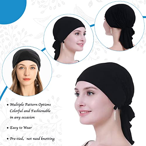 PALAY® Head Scarf for Women Cotton Elastic Chemo Caps Headwear Turban Pre-tied Slip On Cancer Cap Headwrap for Hair Loss or Thin Hair Black X 3