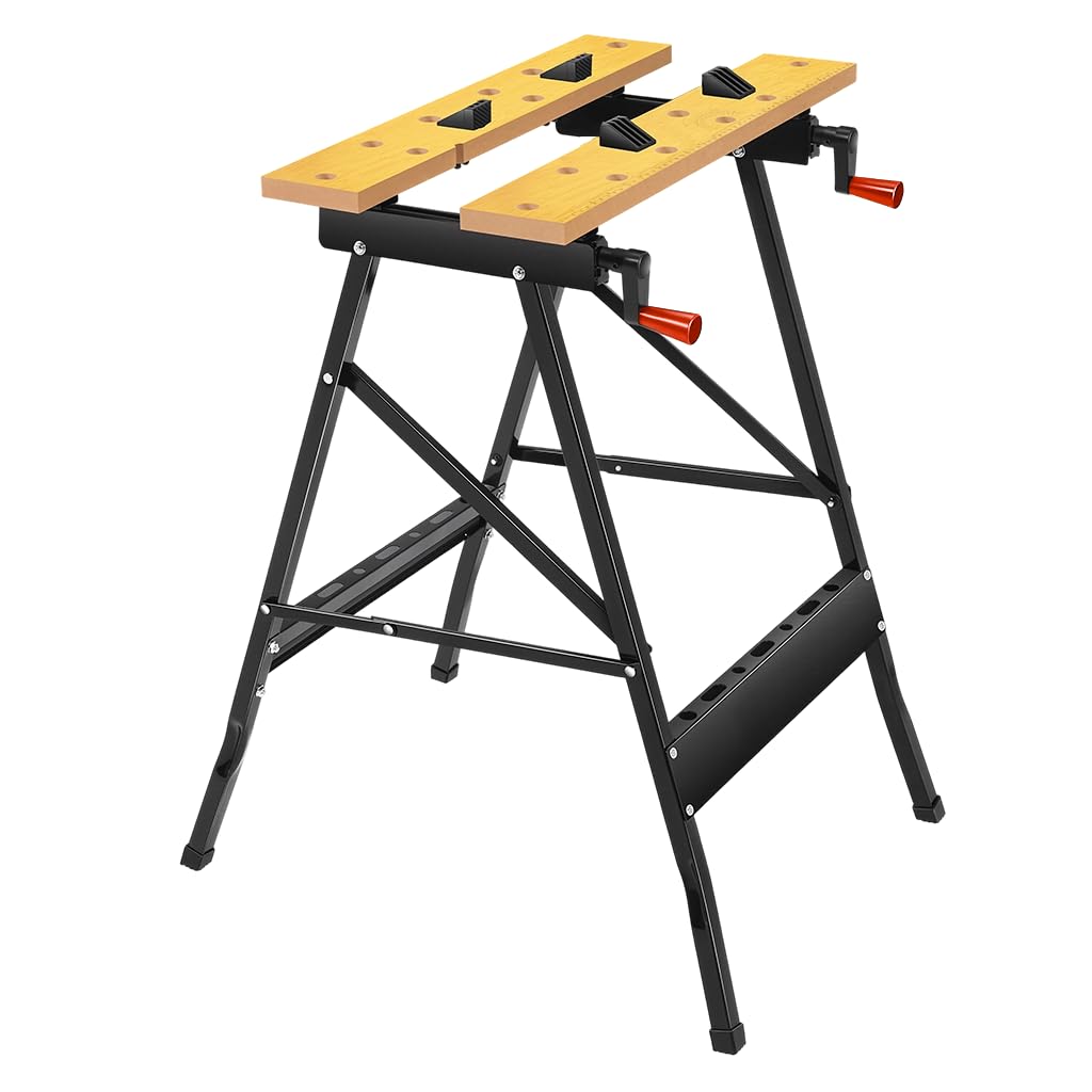 Serplex Folding Workbench for Woodworking with Crank Handles and Tool Storage Slots | Wood and Metal Construction