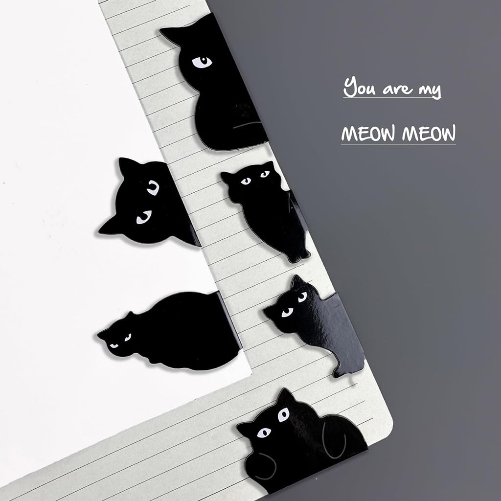 ZIBUYU Black Cat Magnetic Bookmarks 6 Pc Set with Secure Fold Over Magnets for Readers | Cute Kawaii Page Markers for School and Office Use