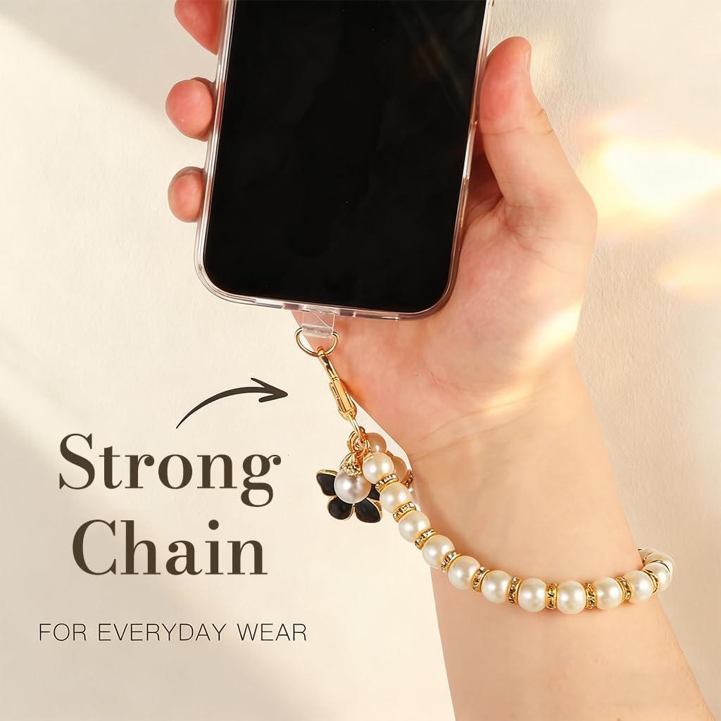 ZORBES Fashion Faux Pearl Phone Chain with Rhinestones and Golden Swivel Buckle for Women
