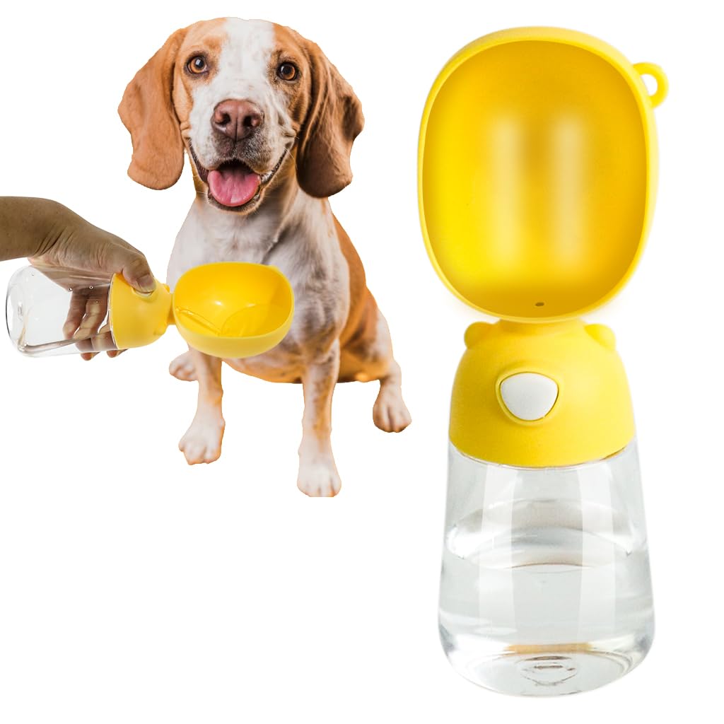 Qpets® Dog Water Bottle, Leaking Proof Pet Water Bottle for Dogs Water Dispenser, Large Capacity Portable Dog Water Bottles Drinking Feeder for Travel & Walking - Yellow, 380ml