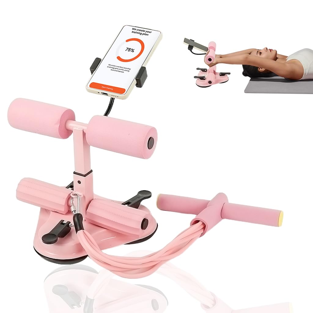 Proberos Sit Up Bar for Home Abs Workout with 3 Tube Resistance and Dual Suction Cups | Adjustable Height Pink