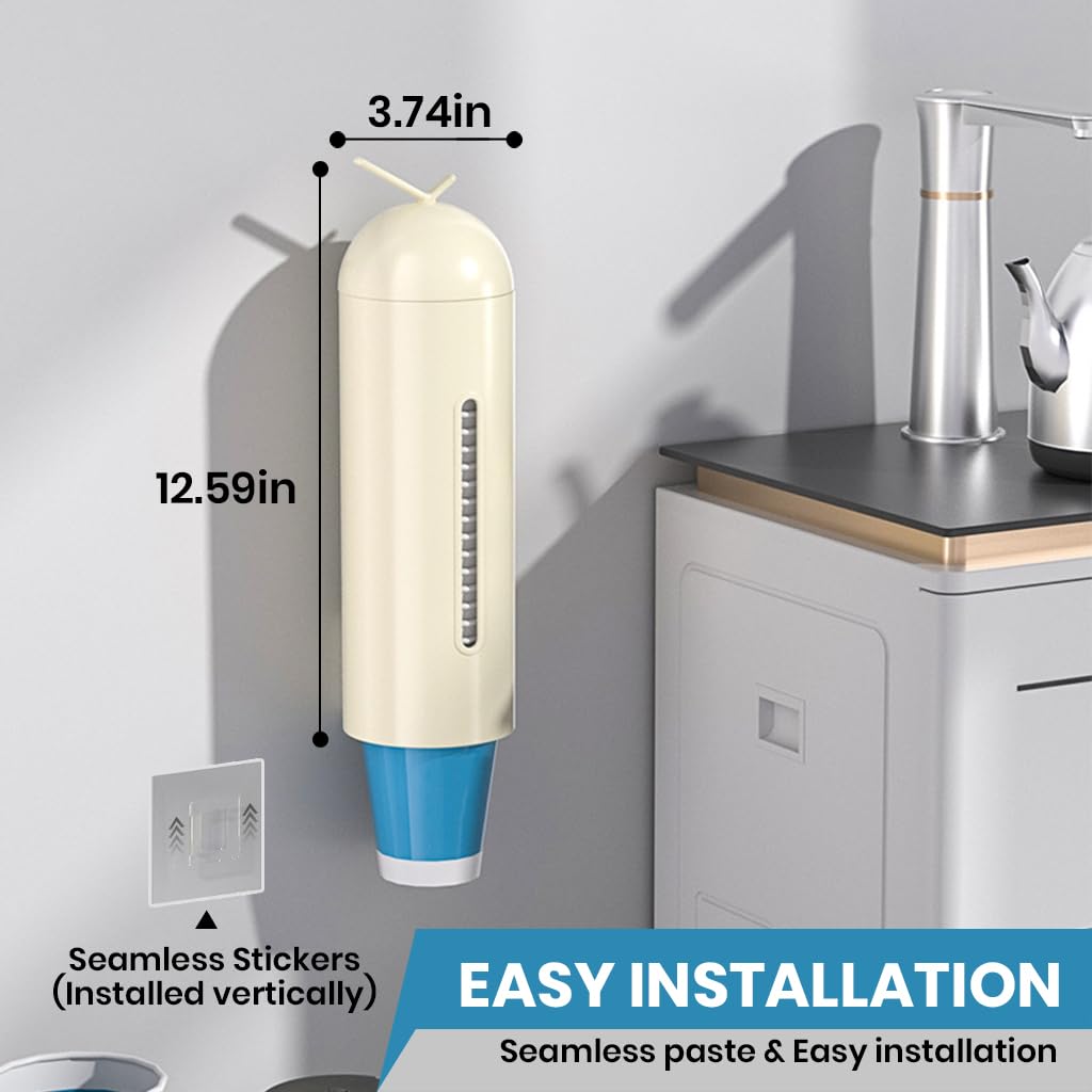HASTHIP Paper Cup Dispenser for Home and Office with Self Adhesive Wall Mount | Plastic Cup Holder Organizer