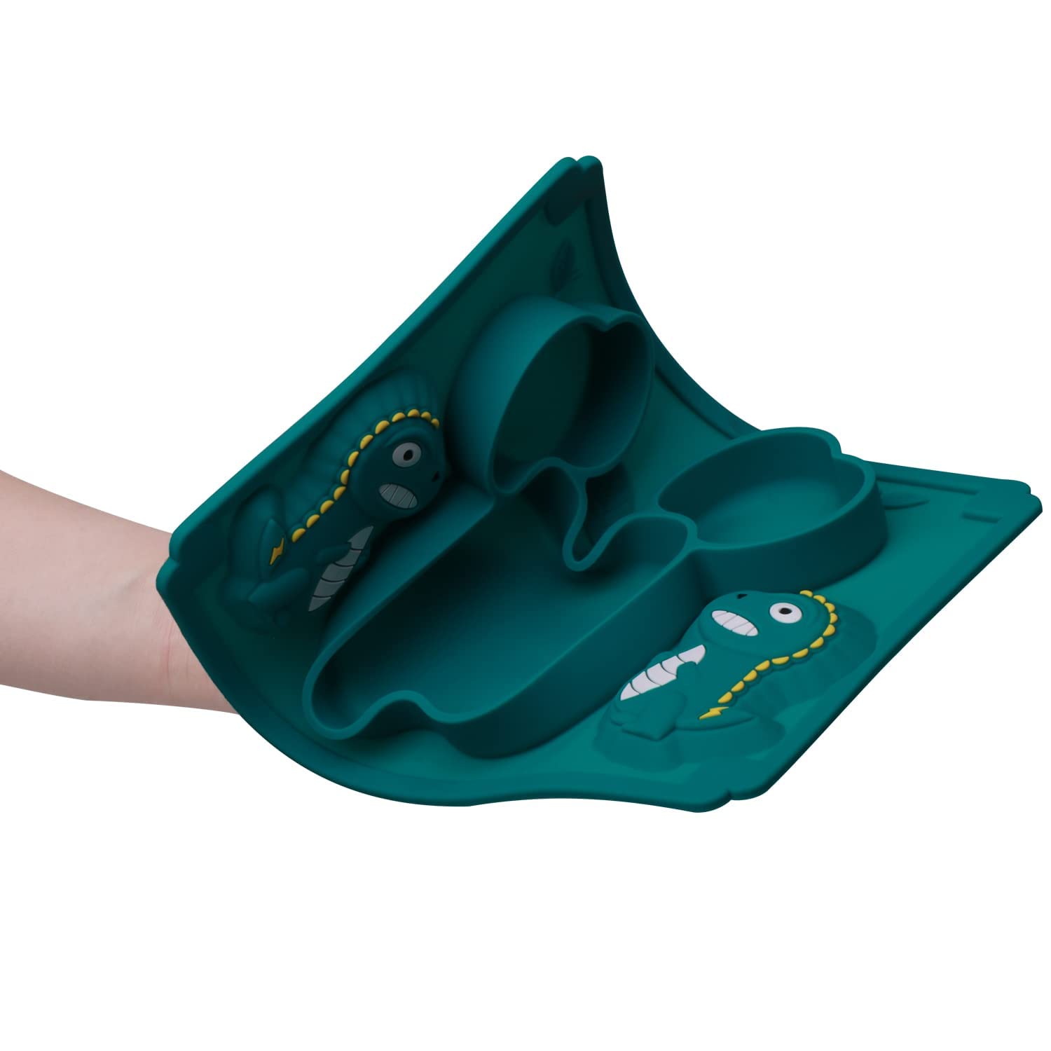 SNOWIE SOFT Baby Suction Plates for Feeding featuring Cute Dinosaur Design | 3PCS Green Silicone