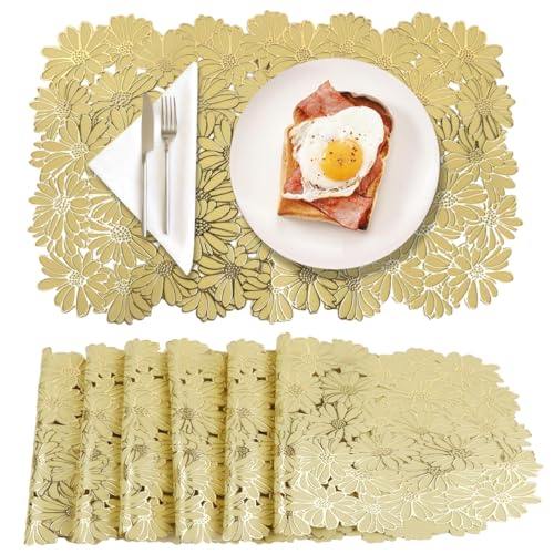 HASTHIP 6pcs Golden Daisy Placemats Floral Embossing Dinning Table Placemats PVC Grease-Proof Decorative Placemats Multipurpose Placemat for Party, Festival, Gathering