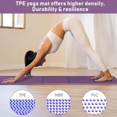 Proberos® Portable Folding Yoga Mat with Carry Bag TPE Anti-slip 5mm Thicken Fitness for Men Women Pilates Home Workout Gym Travel 72x24 inches Purple 2 PCS