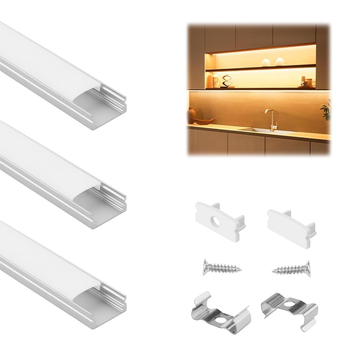 Serplex® 3Pcs 3.3ft LED Light Strip Wall Channels, Aluminum Channel System with Diffused Sliding Cover, Sturdy Heat-Dissipating Design, Suitable for Under Cabinet LED Strip Light Installations