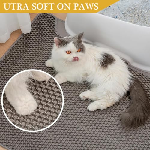 Qpets® Cat Litter Mat, 17.7 by 23.6 inches Litter Mat Double Layer Open Edge Design, Waterproof EVA Material, Durable and Washable, Cats Litter Box, Cat Litter Tray (Grey)