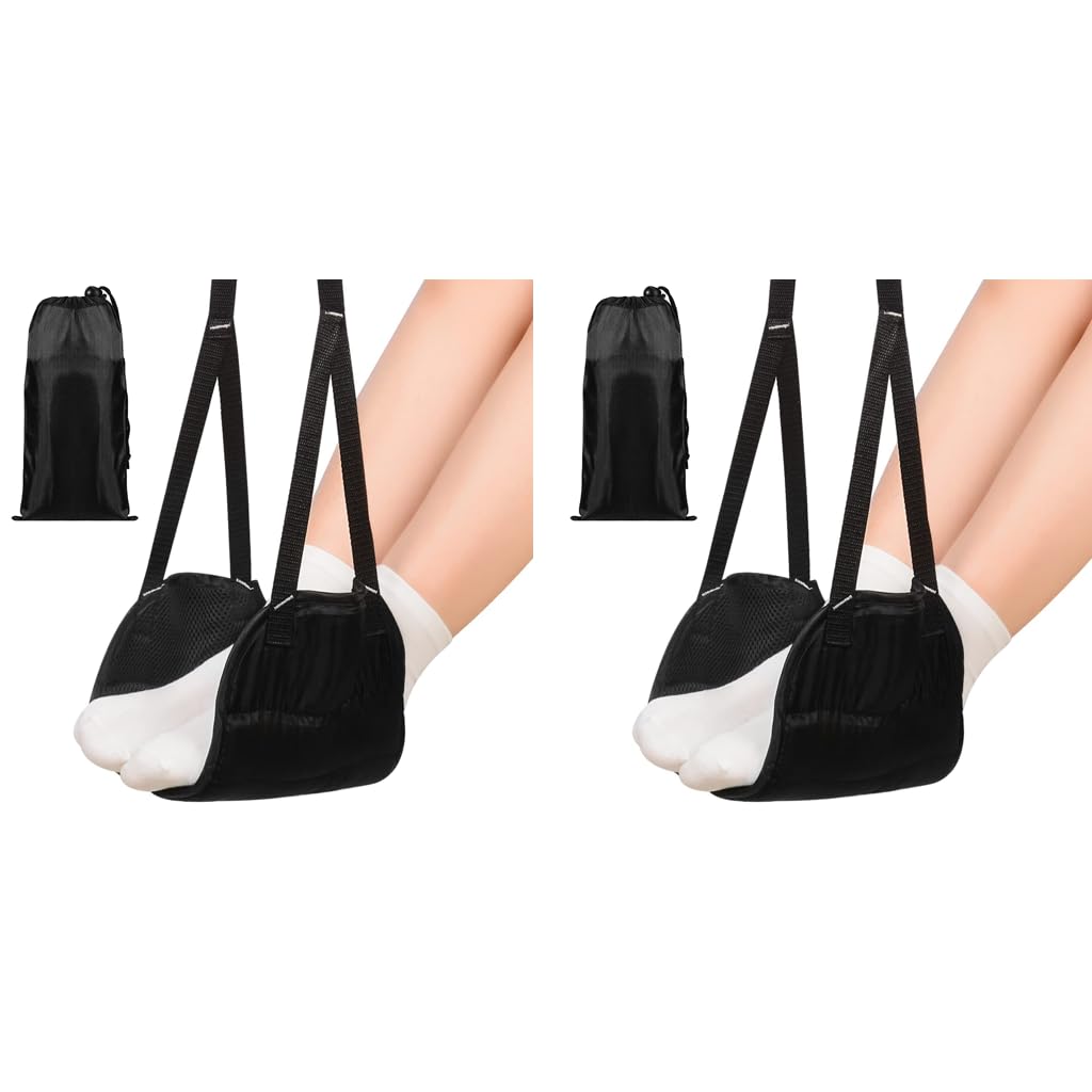 HASTHIP Airplane Footrest for Travel Comfort with Adjustable Straps and Storage Bag Black 2PCS
