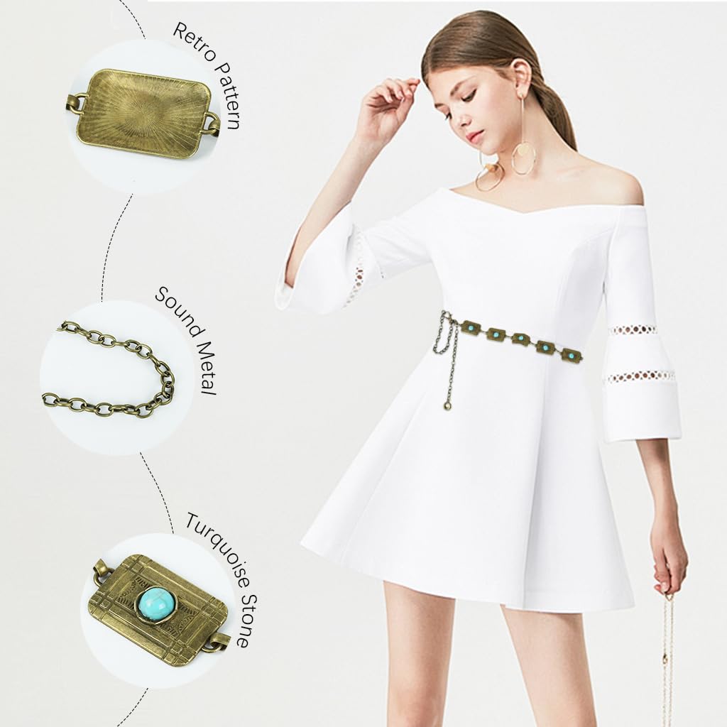 SANNIDHI Women Chain Belt for Dresses featuring Adjustable 110cm Links with Turquoise Accents