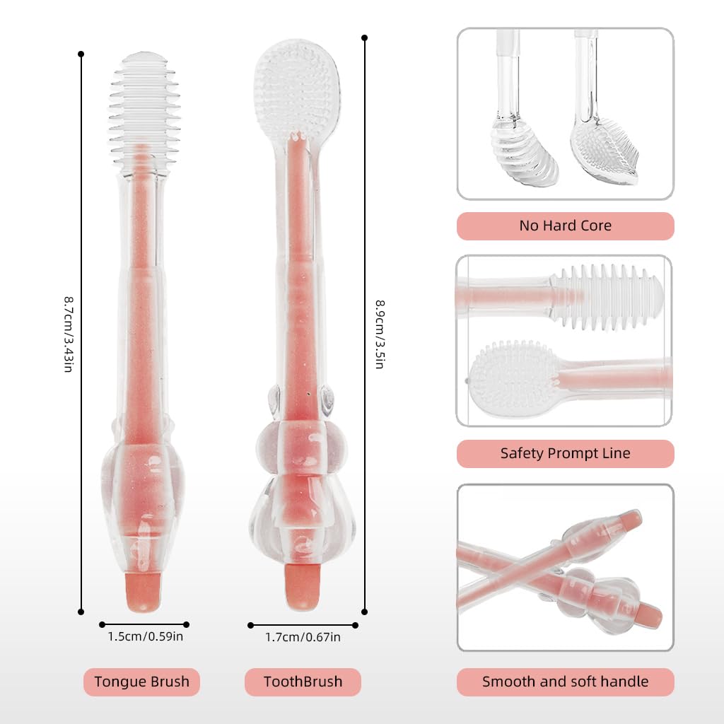 SNOWIE SOFT® Baby Oral Cleaning Brush 2Pcs Baby Toothbrush Tongue Brush BPA Free Soft Silicone Bristle Oral Care Toothbrush for Baby 6 Month to 24 Months, Pink