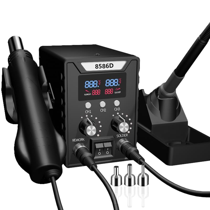 Serplex® 2 in 1 Hot Wind Gun Solder Iron SMD Rework Soldering Station Kit 700W/220V Tabletop Hot Wind Gun Tin Solder Iron Working Station Adjustable Soldering Station with Dual LCD Digital Display