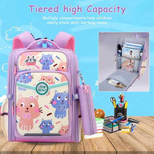 PALAY® School Backpack for Girls Backpack on Wheel SchoolGirls 6-12 Years Old Waterproof Cartoon Print Girls Backpack with Detachable Wheel Stand Lightweight Travel Backpack for Kids