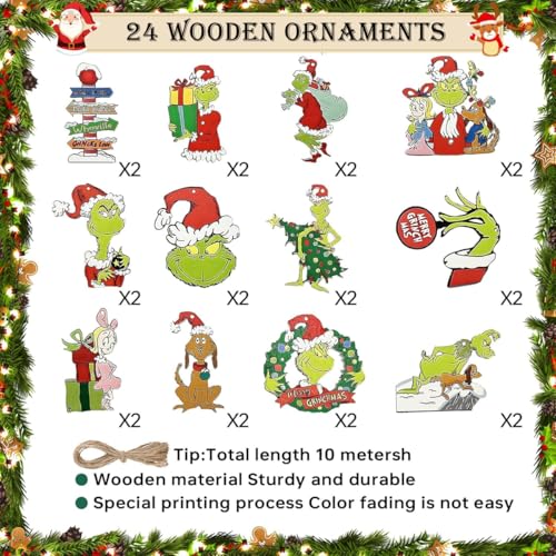 HASTHIP 24pcs Funny Grinch Christmas Decorations Christmas Tree Wooden Hanging Ornaments Assorted Grinch -themed Christmas Tree Decorations for Home Decor Merry Grinch Mas Party Home Decoration