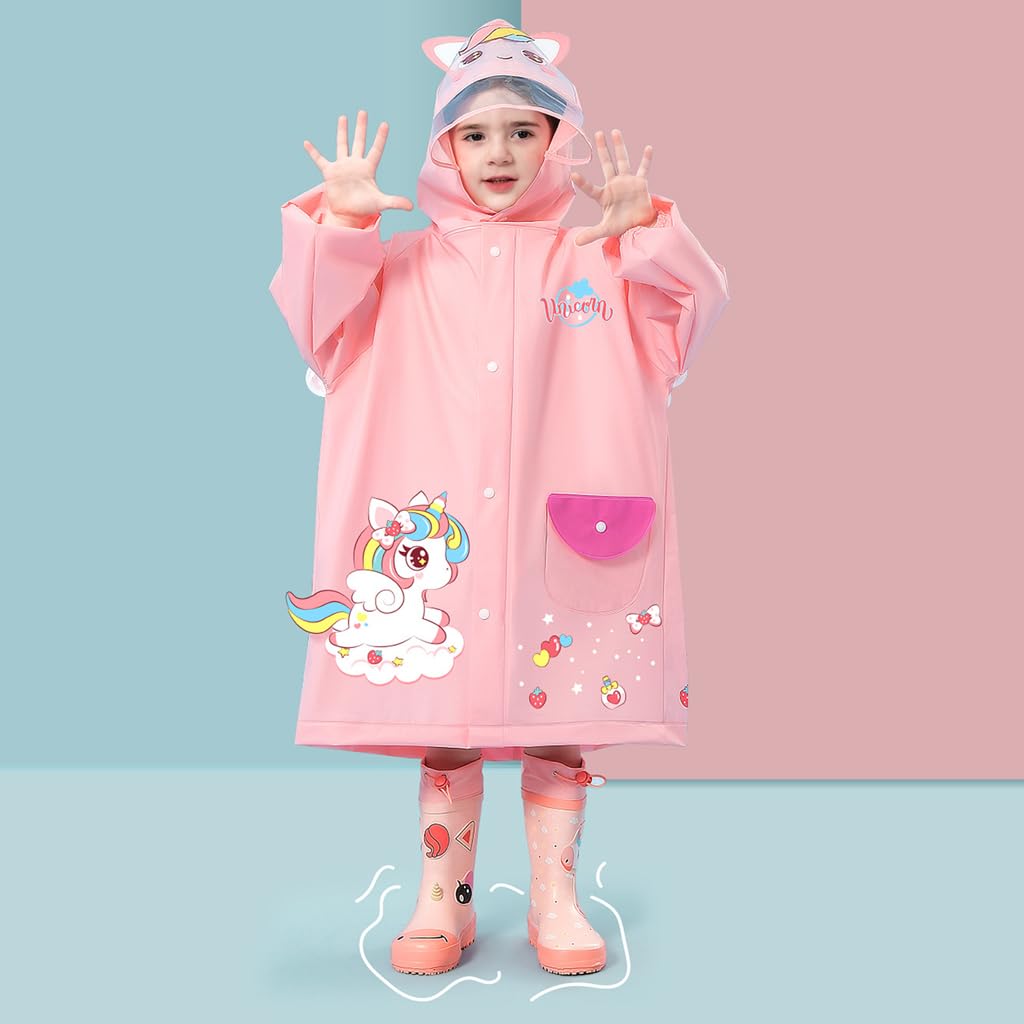 SNOWIE SOFT® Hooded Raincoat for Kids Wide Brim Raincoat for Kids 3-4 Years EVA Student Kids Rain Coat for Girls with School Bag Rain Cover Unicorn Print, Recommended Height 115-125cm, L