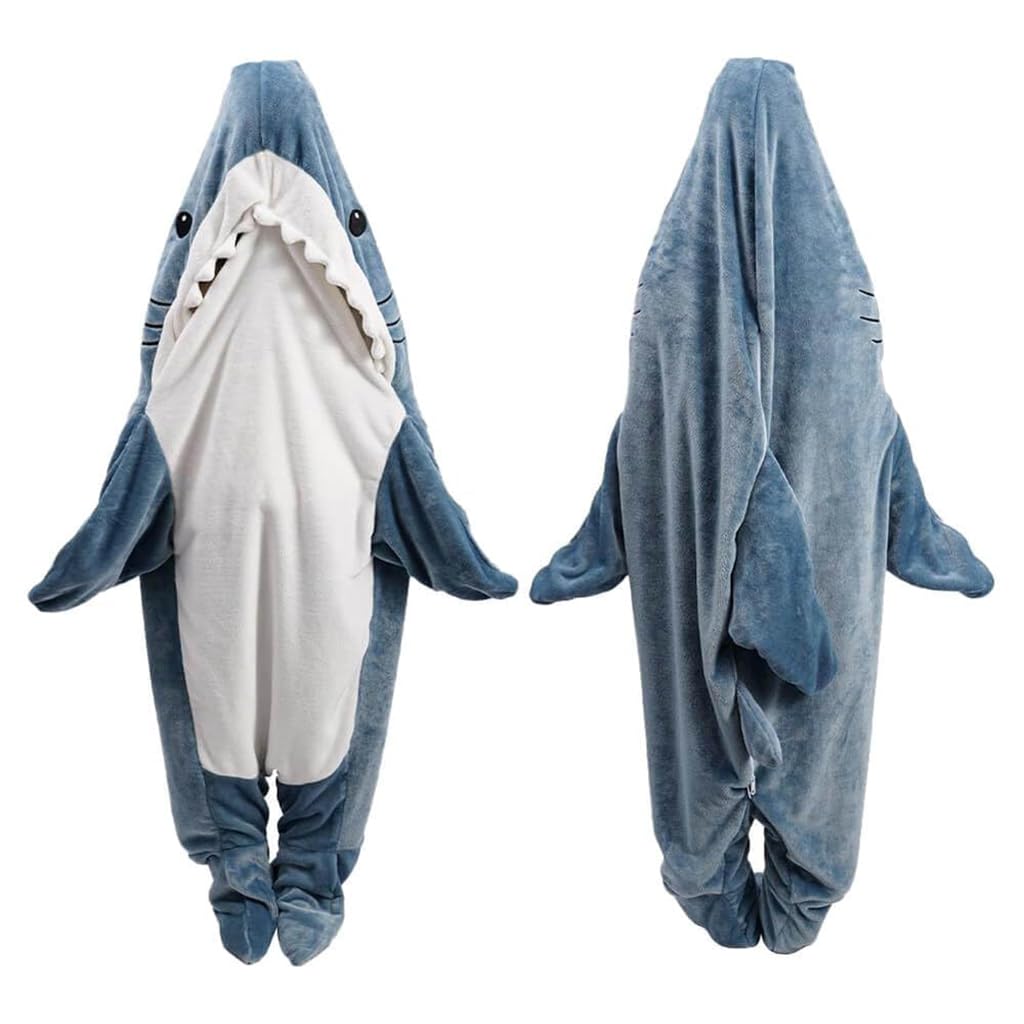 ZIBUYU® Shark Blanket Bag Pajamas for Women and Men Warm Flannel Hoodie Soft Plush Wearable Blanket Sleeping Bag for Adults & Teens Overnight Pajamas Party Shark Onesie Costume, 170cm