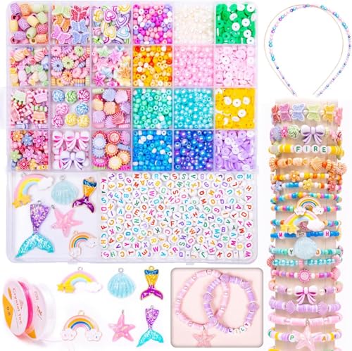 SANNIDHI® Bracelet Making Kit for Girls Mermaid Beads for Jewelry Making Assorted 6mm 8mm Jewelry Making Kit with Shell Pendants, Mermaid Beads for Bracelet Necklace DIY Craft