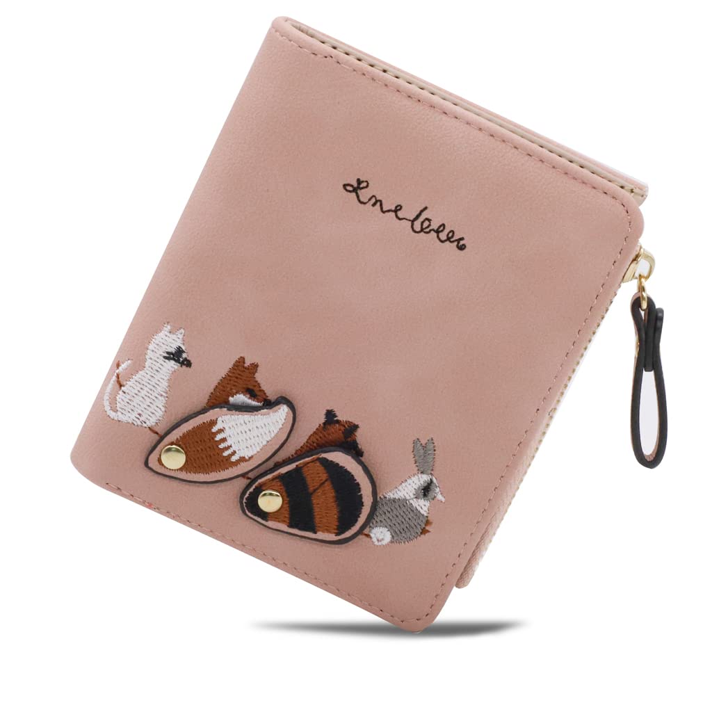 PALAY  Wallets for Women Stylish PU Leather Coins Zipper Pocket Cute Mini Animals Embroidery Short Wallet Card Holder Billfold Purse Wallet Gift for Girls (Pink)