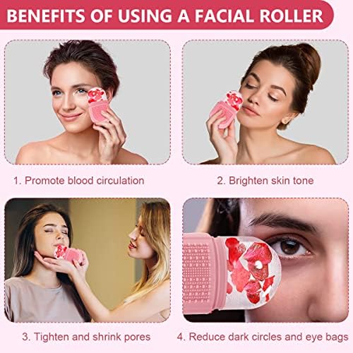 MAYCREATE® Ice Face Roller Ice Cube Mold With Cleansing Brush, Anti-Leak Silicone Ice Roller for Face Massage, Beauty Ice Facial Roller for Eliminate Edema, Tighten Skin, Women Skincare Gift (Pink)