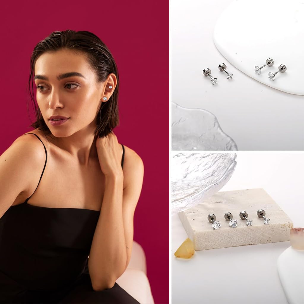 SANNIDHI Earrings for Women featuring 5 Pairs Cubic Zirconia Studs 3–8mm in Silver | Hypoallergenic Stainless Steel