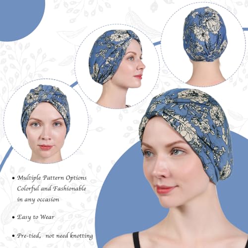 SANNIDHI® Chemo Caps Cotton Head Scarf Floral Print Cancer Headwrap Soft Turban Beanie Skull Cover Satin Liner Blue 3PCS