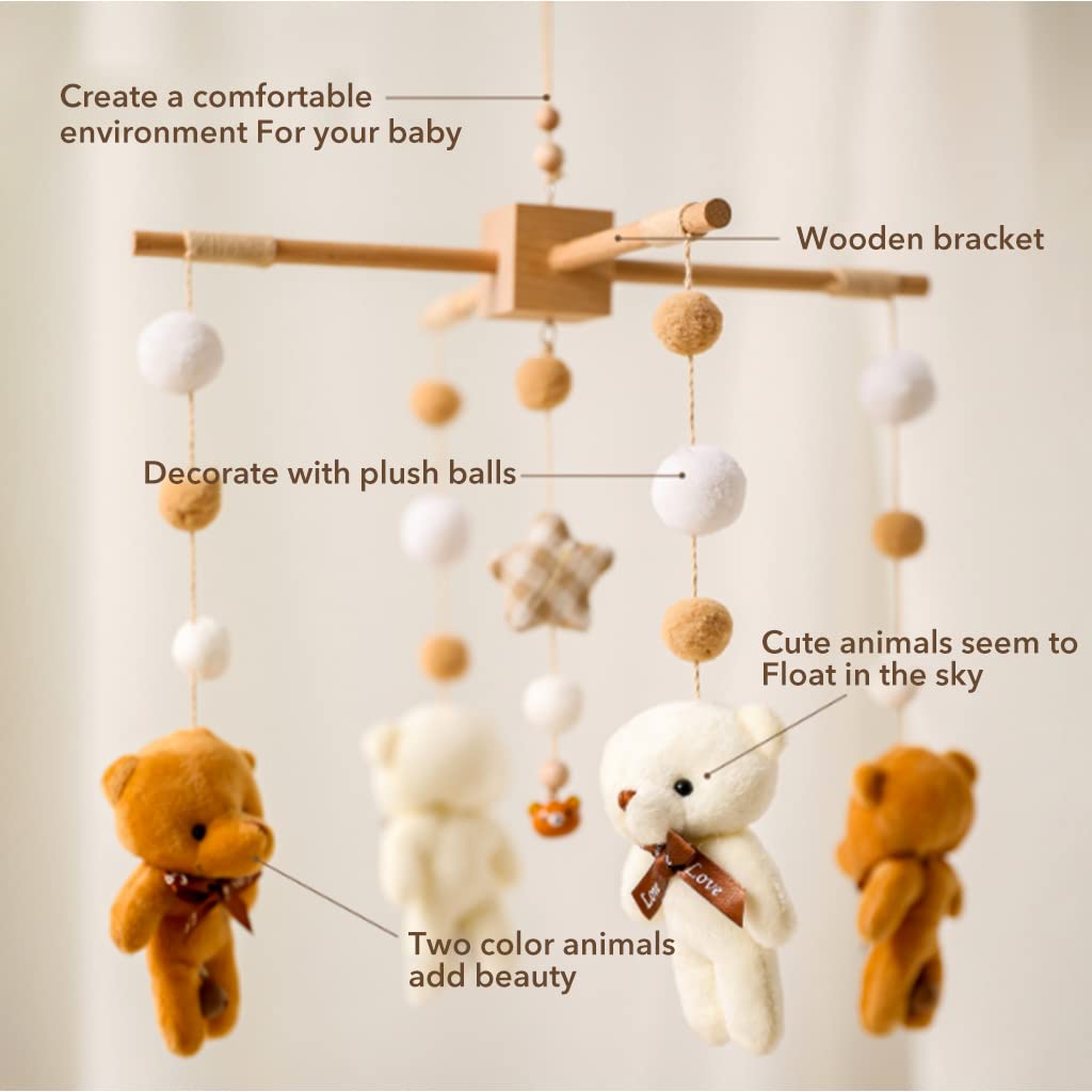 PATPAT Hanging Toys for Babies with Rotatable Bear Mobile and Wooden Frame | Soft Crib Toy