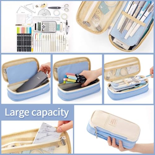 HASTHIP® Large Capacity Pencil Case, Durable Storage Multiple Compartment Double Zipper Portable Capacity Pencil Pouch for College Student Teen, 22x11cm (Light Blue) 3 PCS