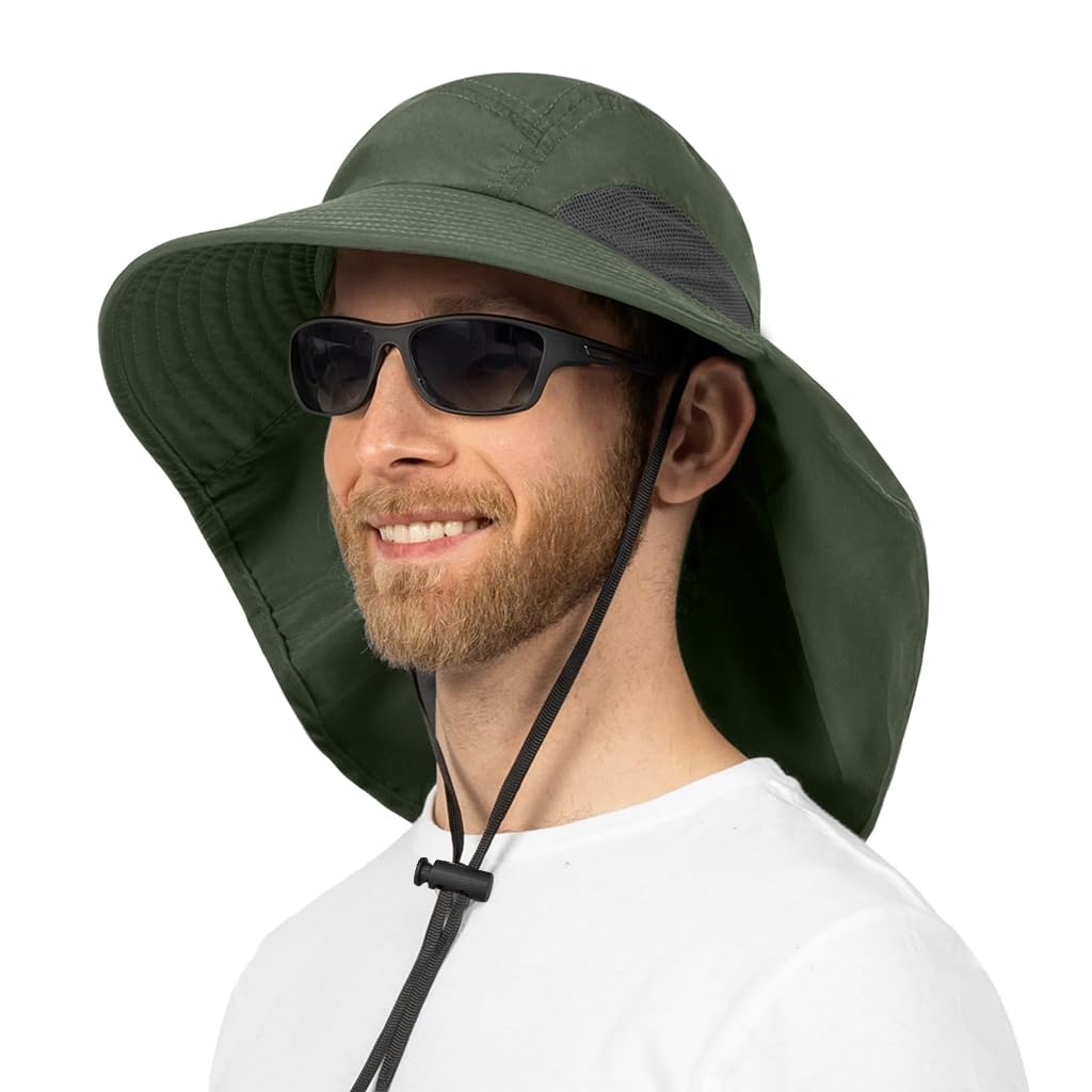 GUSTAVE® Unisex Wide Brim Bucket Sun Hat with Neck Flap & Adjustable Chin Strap, UV Protection, Water Repellent, Breathable Quick Dry Mesh, Foldable Packable Outdoor Cap for Hiking, Fishing Green