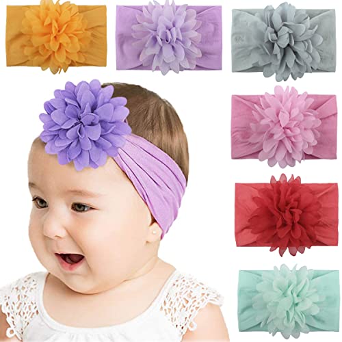 PALAY® 6pcs Baby Girls Headbands Baby Hair Bands Flowers Chiffon Nylon Head Wrap Soft Stretchy Hair Wrap Cute Hair Accessories for Newborn Infant Toddlers Kids