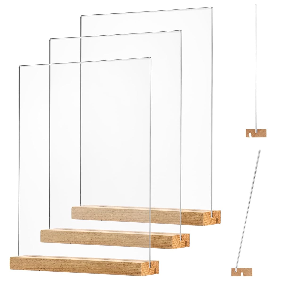 Climberty® 3Pcs Acrylic Sign Holder with Wood Base Wooden Sign Holder, 5x7 inch Clear Acrylic Frames Wood Base, Double Sided Table Menu Display Stand for Restaurant Signs, Wedding Table and Photos