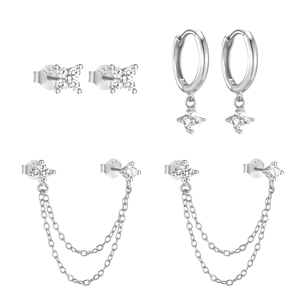 SANNIDHI Earrings Set for Women with 3 Pairs Zircon Stud Hoop & Chain Designs | Silver Hypoallergenic Jewelry