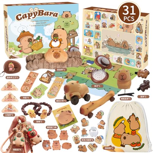 PATPAT® 31 Pcs Kawaii Capybara Gift Box 12 Categories Merchandise Collectible Gift Box Blind with Doll,Plush,Ropes Clips Necklace Wallet Keychain Nails Stickers
