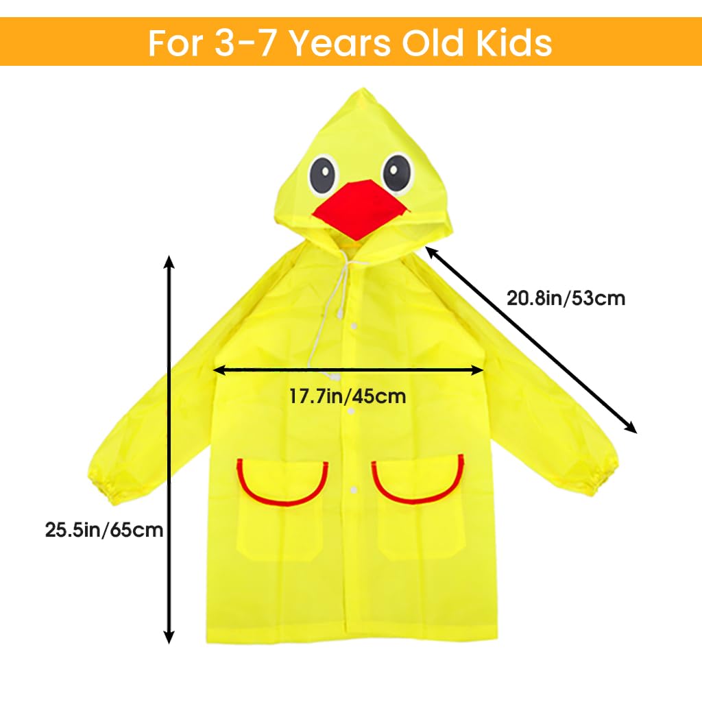 PALAY Raincoat for Kids Boys Girls with Hood, Polyester Rain Ponchos with Pockets and School Bag Coverage, Bright Color Raincoat for 3-7 Years Old Kids (Yellow)