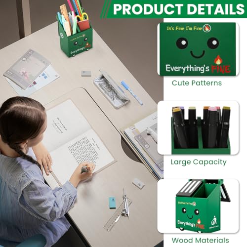 OFIFO® Wooden Desk Pencil Holder Cartoon Green Junk Box Desk School Supplies Organizer,Dual Compartment Design with Flip-up Lid,Self-Encouraging Decor Organizer