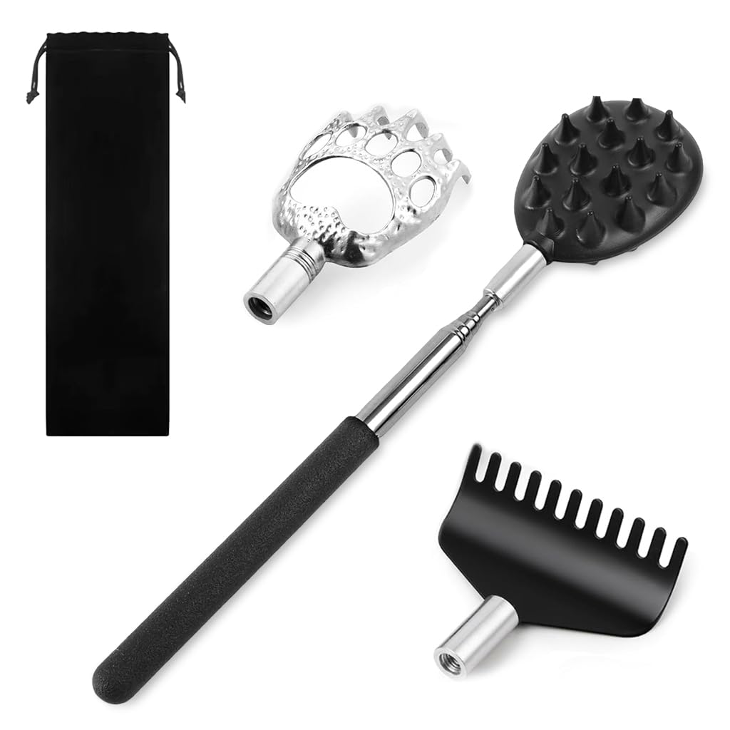 MAYCREATE Back Scratcher with 3 Interchangeable Heads and Telescopic 7.48–24.8 in Handle | Black