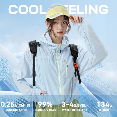 Venzina® UFP 50+ Sun Protection Jacket Stylish Cropped Sunscreen Top for Women Ultra-light Quick Dry Hoodie with Back Air Vent & Chest Zip Pocket, Water-Proof UV Coat for Outdoor/Travel, Sky Blue, XL