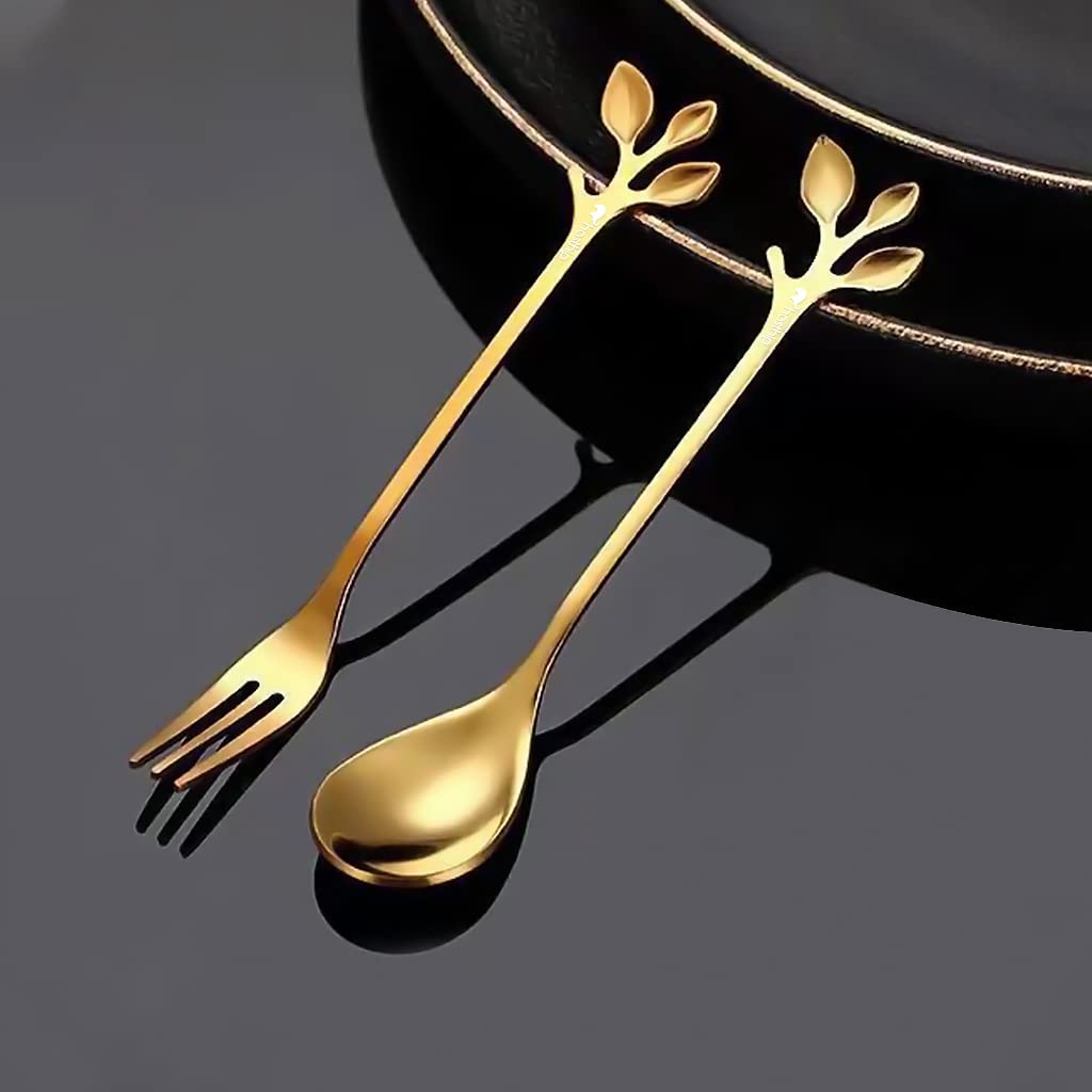 HASTHIP Golden Spoon Set/Coffee Spoon/Dessert Fork/Cutlery Kitchen Tableware/Stainless Steel Gold Leaf Coffee Spoon Appetizer Fork, 4.7 Inches, 4 Pcs (Gold-2 Spoon+2 Forks)