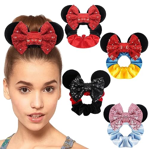 PALAY® 4 Pack Mickey Mouse Hair Scrunchies for Girls, Cute Sparkle Sequins Bow Scrunchie Hair Elastic, Soft Velvet Hair Ties, Stylish Minnie Hair Accessories for Girls Kids Birthday, Party